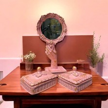 Peramari Dekoratif Polyester Takı Setli Makyaj Ayna Seti -Pembe Gold Eskitme