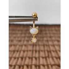 Rupen Kraft 316 L Cerrahi Çelik Anti Alerjik 10 mm Opal Taşlı Sallantılı Kedi Model Göbek Piercingi Opal