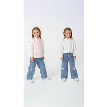 Bebegci Çiçek Detaylı Yelekli Gömlekli Kot Pantolonlu 3'lü Kız Takım