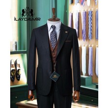 İlayda Emir Slım Fıt Blazer Çizgili Erkek Takım Elbise Siyah