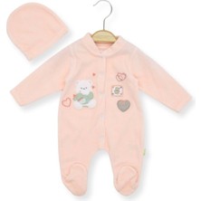 Atabay Kalpli Ayıcık Nakışlı Patikli Şapkalı Kadife Tulum - Somon - 6 - 9 Ay - HYT1263-SOMON-6 - 9 Ay Somon