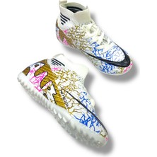 Güneş Çocuk Çoraplı Halısaha & Krampon Ayakkabı Beyaz Gold Desenli