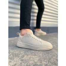 Mevese Krem Flex Bağcıklı Keten Kumaş Erkek Günlük Sneaker Ayakkabı