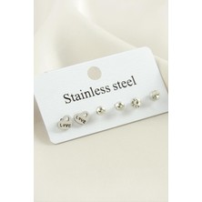 Hg.Aksesuar 6 Adet Love Yazılı Kalp Taşlı Çelik Küpe