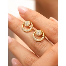 Siset Gümüş 925  Ayar Sarı  Altın  Kaplama   Zirkon  Taşlı  Lava Yuvarlak Gümüş  Küpe