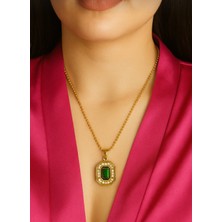 Çelik Kararma Yapmaz Yeşil Baget Taşlı Serenay Kolye 56 cm