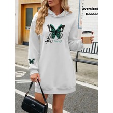 Amor Face Özel Tasarım Kapüşonlu Be Yourself Kelebek Baskılı 3 Iplik Kışlık Spor Kadın Hoodie Elbise