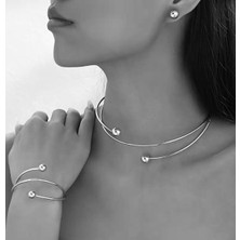 Gümüş Rengi Topçuk Detaylı Choker Kolye Bileklik Set