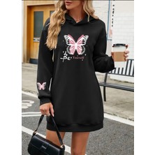 Amor Face Özel Tasarım Kapüşonlu Be Yourself Kelebek Baskılı 3 Iplik Kışlık Spor Kadın Hoodie Elbise
