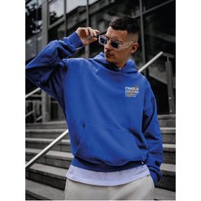 MEİLİFENG Charlie Luciano Tasarım Kışlık Sweatshirt - Sax Mavi Baskılı Oversize Şardonlu Kapüşonlu