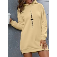 Amor Face Özel Tasarım Kapüşonlu Tattoo Dikey Baskılı %100 Pamuk Kışlık Trend Kadın Hoodie Elbise