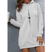 Amor Face Özel Tasarım Kapüşonlu Tattoo Dikey Baskılı %100 Pamuk Kışlık Trend Kadın Hoodie Elbise