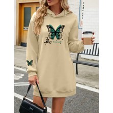 Amor Face Büyük Beden Özel Tasarım Kapüşonlu Kelebek Be Yourself Baskılı Kışlık Trend Kadın Hoodie Elbise