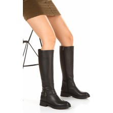 Cabra Blanca Siyah Hakiki Deri Çizme Fermuarlı Kadın Çizme Uzun Tırtıklı Taban Tokalı Uzun Deri Çizme