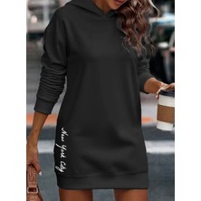 Amor Face Büyük Beden Özel Tasarım Kapüşonlu New York City Baskılı Kışlık Salaş Kadın Hoodie Elbise