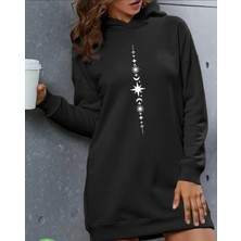 Amor Face Büyük Beden Kapüşonlu Dikey Tattoo Baskılı Kışlık Yeni Trend Kadın Spor Hoodie Elbise