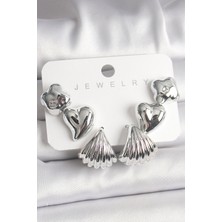 Skygo Gümüş Renk Yonca Kalp Deniz Kabuğu Figür CCB Kadın Küpe Seti - TJ-BKP10021