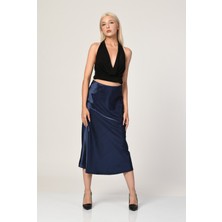 Moda1001 Big Dart Yüksek Bel Saten Etek  - Lacivert Lacivert - 38