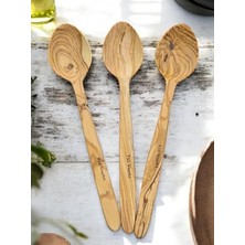 FourForce Woodart 3 Adet Edremit Zeytin Ağacı Doğal Ahşap El Yapımı Tahta Kaşık Yemek Kaşığı 29 cm Tencere Kaşığı
