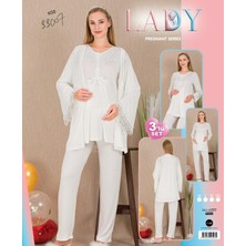 Nightlove Lady Lingerie Düğmeli Yaka Dantel Omuz ve Paça Detaylı Sabahlıklı Hamile&lohusa 3'lü Set Pijama