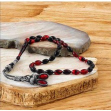 İnan Tesbih Kırmızı Siyah 1000 Ayar Gümüş Kazaz Püsküllü Ateşi Kehribar Tesbih