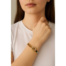 Pirlento Hayat Ağacı Yarım Baget Renkli Taşlı Su Yolu ve Yarım Kalın Zincir Detaylı Kadın Çelik Bileklik