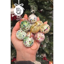 Pekshop Simli Rengarenk Toplar Yılbaşı Ağaç Süsü Simli Cici Top 12LI Set