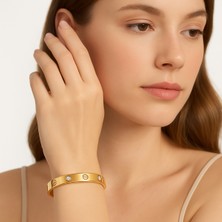 Pirlento Elmas Taşlı 20 cm Orta Boy Kalın Altın Renk Kelepçe Gold Kadın Çelik Bileklik