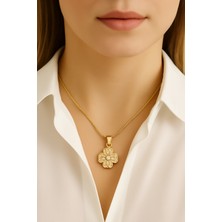 Pirlento Dönen Dört Yapraklı Yonca Stres Çarkı Kalpli Zirkon Taşlı Altın Renk Kadın Çelik Kolye