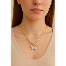 Pirlento Kelebek Desenli Ezme Zincir Zirkon Taşlı Gold Kadın Kolye-Şık ve Zarif Tasarım