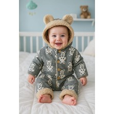 Milays 0-3 Ay Erkek Bebek Içi Kuzu Astarlı Dışı Jakarlı Desen  Nakışlı Düğmeli  Kapşonlu Tulum