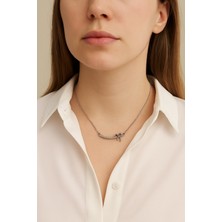 Pirlento Fiyonk Detaylı Zirkon Taşlı Gümüş Renk Kadın Çelik Kolye