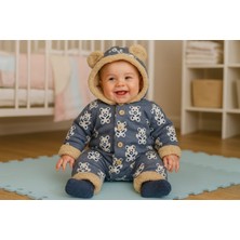 Milays 0-3 Ay Erkek Bebek Içi Kuzu Astarlı Dışı Jakarlı Desen  Nakışlı Düğmeli  Kapşonlu Tulum