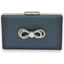 Biçanta Lacivert Renk Çizilmeyen Saten Gümüş Taşlı Abiye Çanta Düğün Nişan Çantası