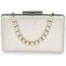 Biçanta Sedef Ekru Inci Saplı Kristal Desenli Mat Deri Abiye Çanta Gece Çantası Kına Düğün Nişan