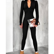 Kadın Uzun Kollu V Yaka Parmak Geçirmeli Detay Kaşkorse Tulum