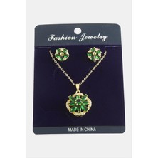 Zero Nrzsnt Çiçek Zirkon Taşlı Set Kolye-Kırmızı