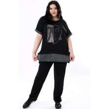 Kheos Yuvarlak Yaka Kısa Kol Simli Taş Baskılı Eşofman Beli Lastikli Büyük Beden Esofman Takım