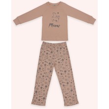 Panço Kız Çocuk Kedi Baskılı Somon Pijama Takımı