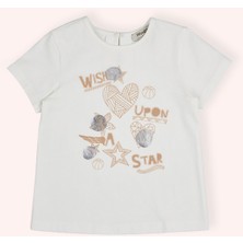 Panço Kız Bebek Bisiklet Yaka Arkası Damla ve Düğmeli Baskılı Ekru Tişört