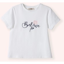 Panço Kız Çocuk Nakış Detaylı Beyaz Tişört