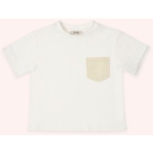 Panço Kız Çocuk Ekru Cep Detaylı Tişört