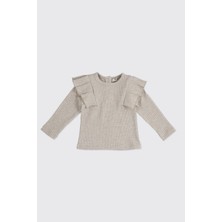 Panço Kız Bebek Kolları Fırfır Detaylı Bej-Melanj Tişört