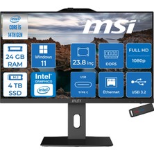 MSI Msı Pro AP242P Intel Core I5 14400 24GB Ddr5 4tb SSD Windows 11 Pro 23.8 Inç FULLHD(1920×1080) Siyah All In One Bilgisayar 14M887XTRP10 + Zetta Flash Bellek