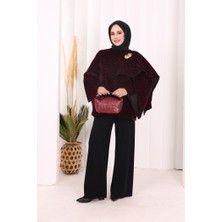 Bym Fashion Atkı Detay Leoparlı Panço 70061-1 Bordo