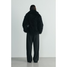 Suud Collection Siyah Lina Pileli Çizgili Pantolon