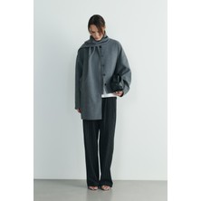 Suud Collection Gri Tuana Atkılı Kısa Kaşe Ceket Kadın Blazer Pamuklu Cepli Casual Stil