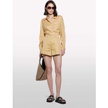 Sisley   %100 Keten Düğmeli Göğüs Cepli Uzun Kollu Gömlek