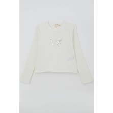 Breeze Kız Çocuk Uzun Kollu Tişört Kelebek Arma Detaylı Pullu Incili 8-14 Yaş, Ekru