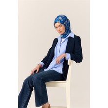 Silk Home İnce Pamuk Soft Eşarp Saks-Gri Desenli Nefes Alan Tok Duruşlu 90x90